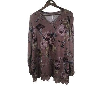 Netsmile Pink Top Lace Hem Plus Sz 2X V neck Cottagecore Romantic Floral Boho